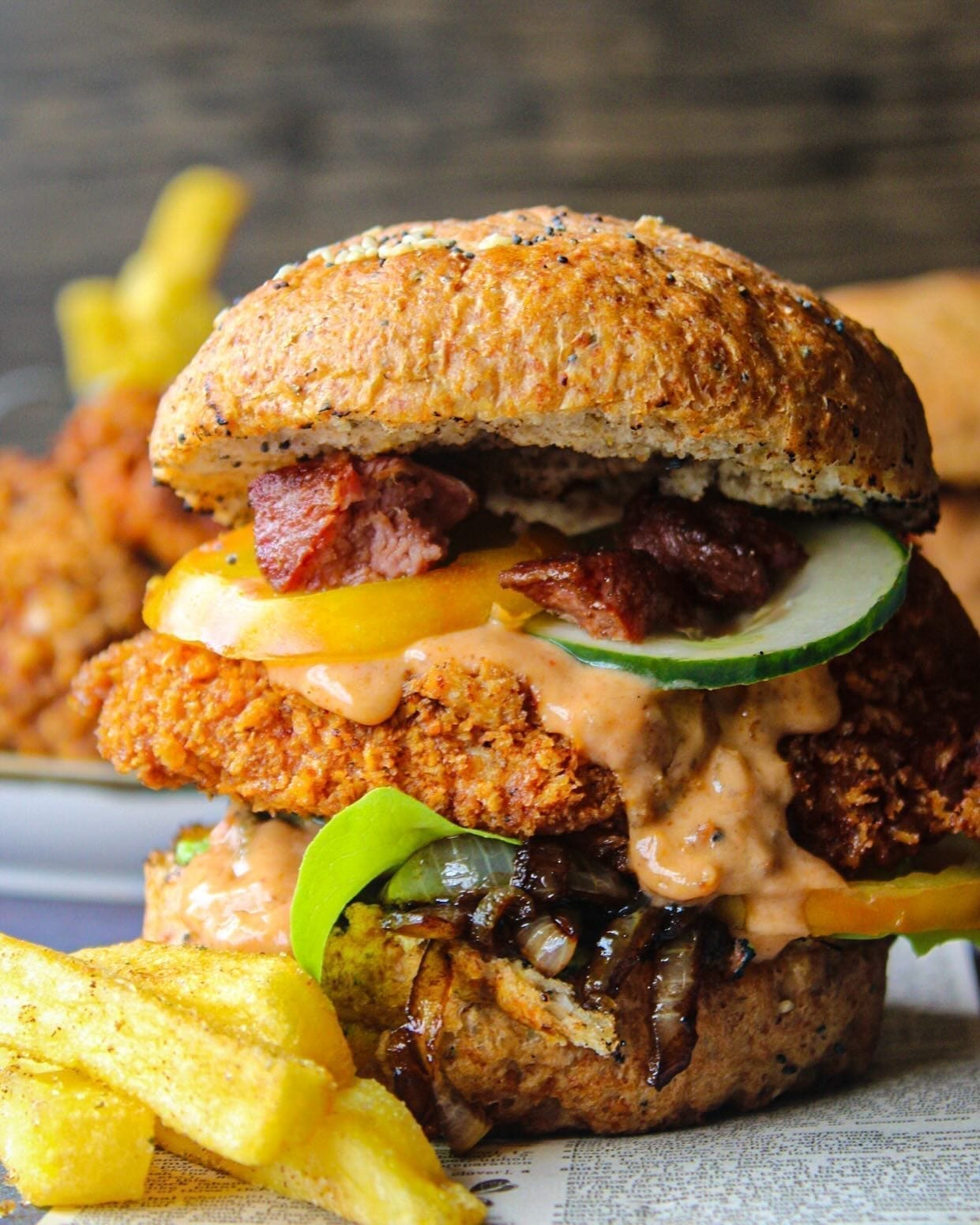 Close-up of a crispy fried chicken burger styled for Country Choice Chicken